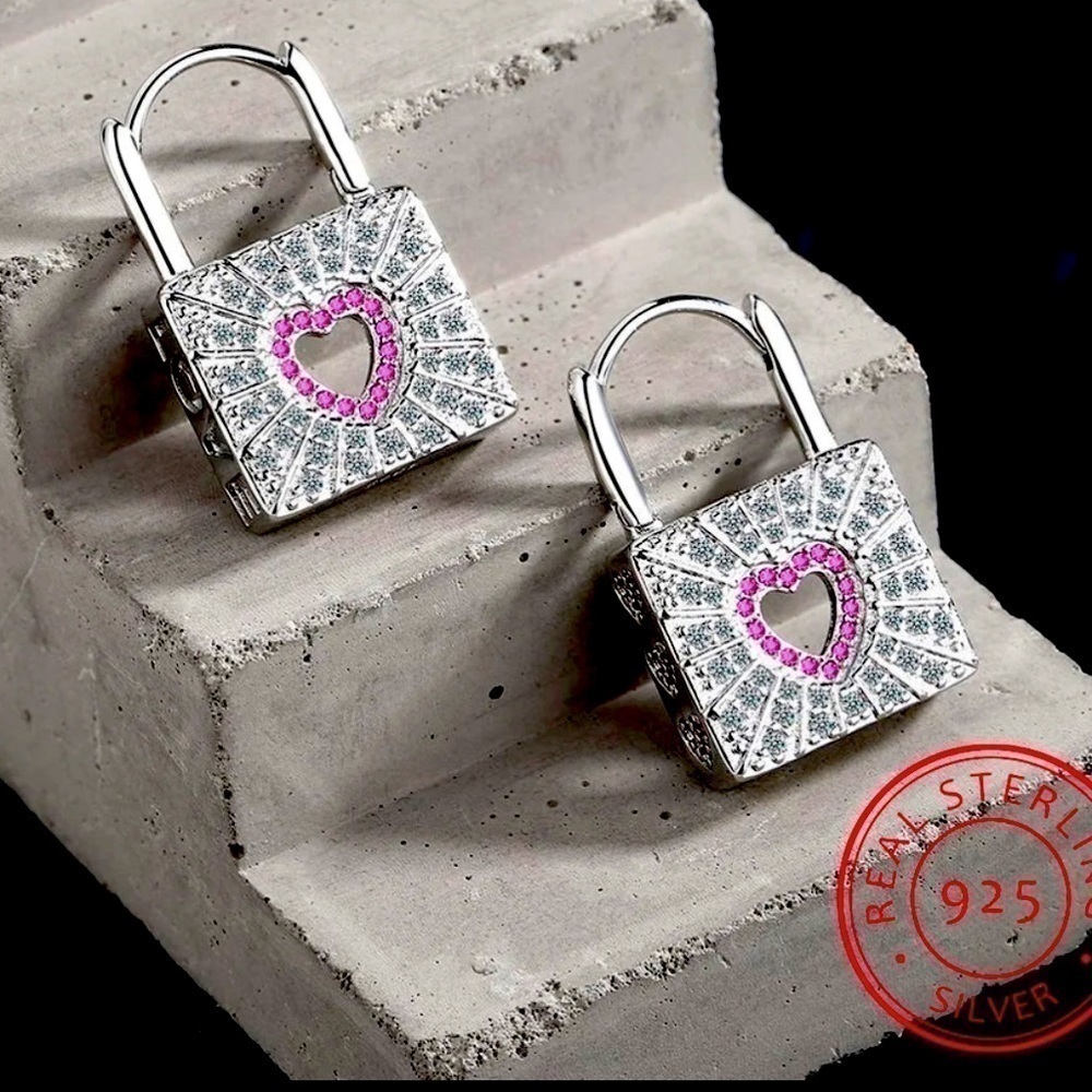Sterling Silver Pave Spiderweb Pad Lock w/ Heart Earrings